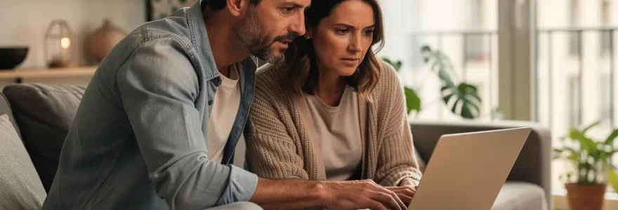 Couple français recherchant un courtier immobilier sur ordinateur portable dans leur salon