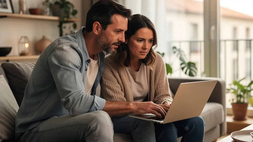 Couple français recherchant un courtier immobilier sur ordinateur portable dans leur salon
