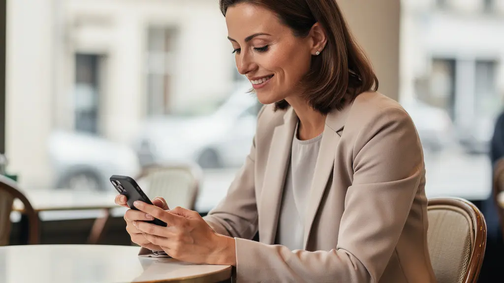 Professionnelle vérifiant les critères d'un courtier immobilier sur smartphone