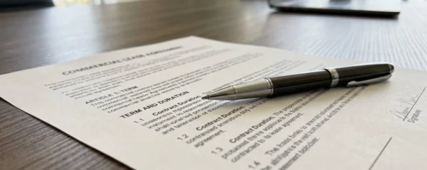 Gros plan sur un document contractuel posé sur un bureau moderne, avec un stylo élégant reposant sur les pages et une clause de durée légèrement visible mais floue en arrière-plan