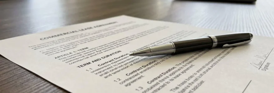 Gros plan sur un document contractuel posé sur un bureau moderne, avec un stylo élégant reposant sur les pages et une clause de durée légèrement visible mais floue en arrière-plan