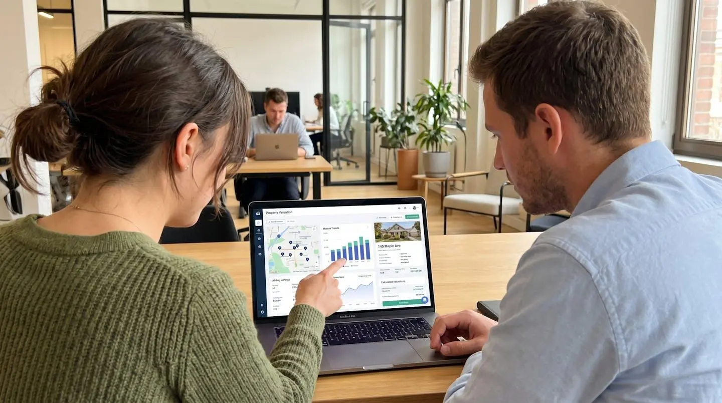 Deux professionnels assis côte à côte regardant ensemble un écran d'ordinateur portable affichant des graphiques flous, dans un bureau moderne lumineux, angle over-the-shoulder, sans regard caméra