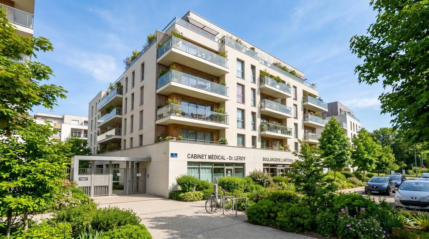 Vue extérieure d'une résidence seniors moderne avec une architecture contemporaine propre et lumineuse, des espaces verts visibles et une lumière naturelle abondante, sans présence humaine au premier plan