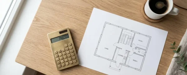 Une calculette vintage et un plan de maison sur une table en bois, symbolisant la clarté du budget immobilier.