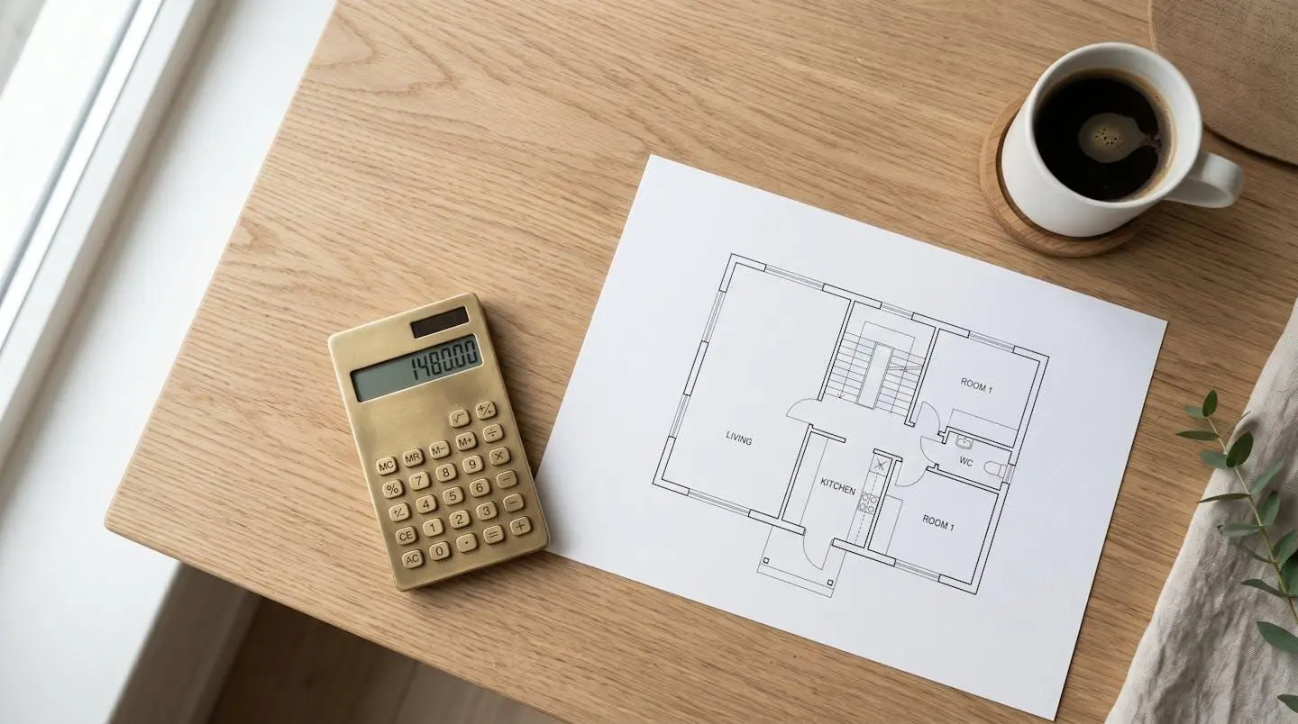 Une calculette vintage et un plan de maison sur une table en bois, symbolisant la clarté du budget immobilier.