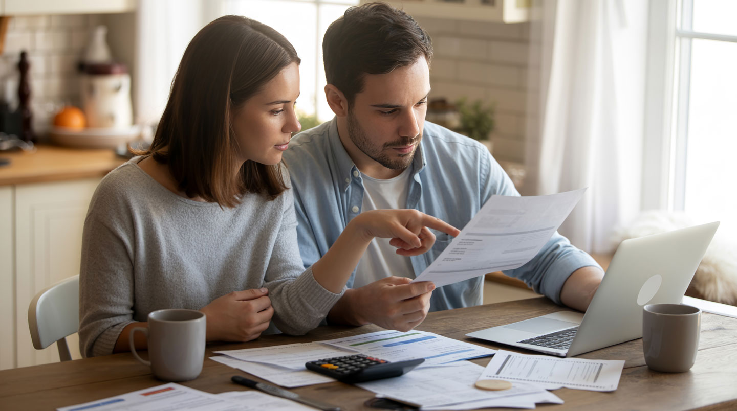 Vue en plongée d'un dossier de demande de prêt immobilier français complet avec avis d'imposition, bulletins de salaire, compromis de vente et calculatrice organisés sur un bureau